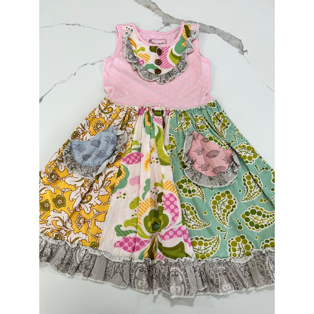 Mustard Pie Girls 4T Mixed Print Patchwork Ruffle Dress Pink Polka Dot Boho